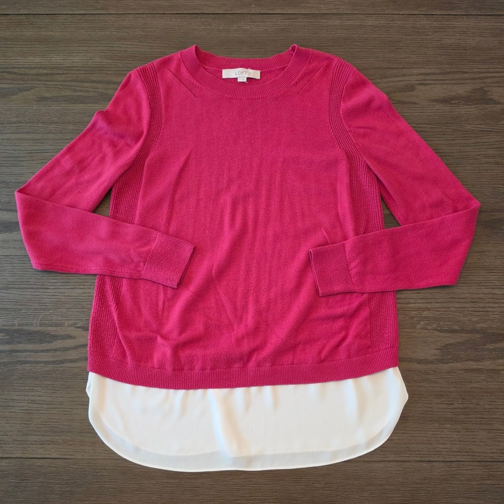 Loft Magenta Pink Layered Look Sweater White Chiffon Hem Mixed Media Top Medium